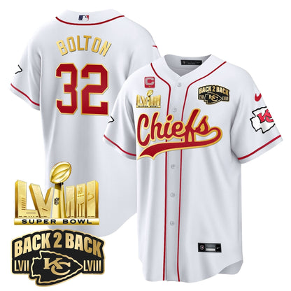 KC Super Bowl LVIII & Back 2 Back Gold Patch Baseball Jersey - All Stitched