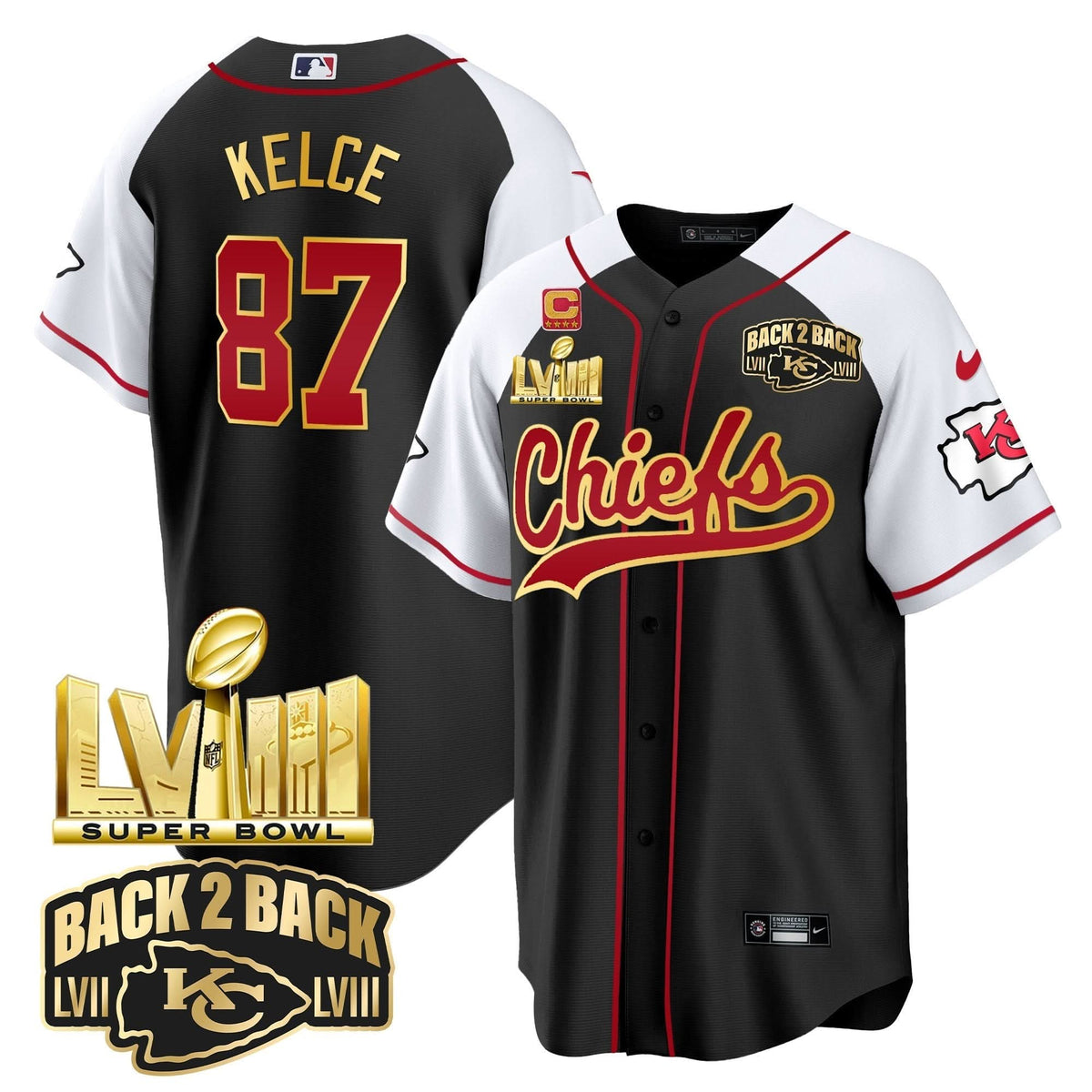 KC Super Bowl LVIII & Back 2 Back Gold Patch Baseball Jersey - All Stitched