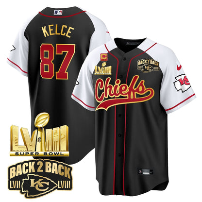 KC Super Bowl LVIII & Back 2 Back Gold Patch Baseball Jersey - All Stitched