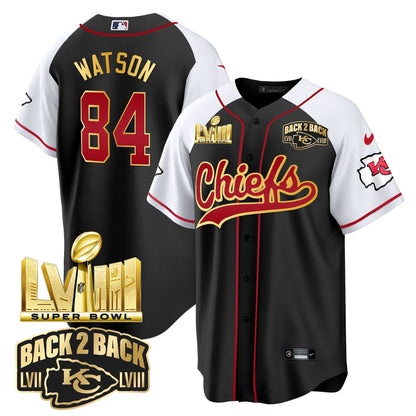 KC Super Bowl LVIII & Back 2 Back Gold Patch Baseball Jersey - All Stitched