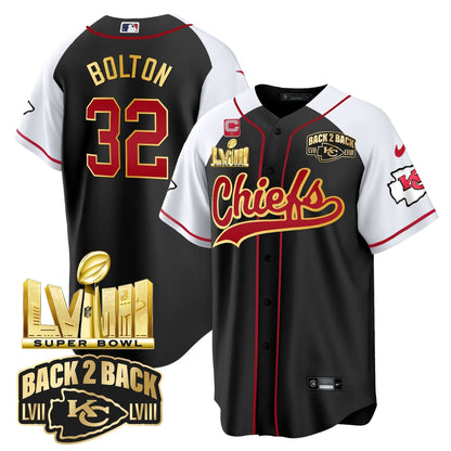 KC Super Bowl LVIII & Back 2 Back Gold Patch Baseball Jersey - All Stitched