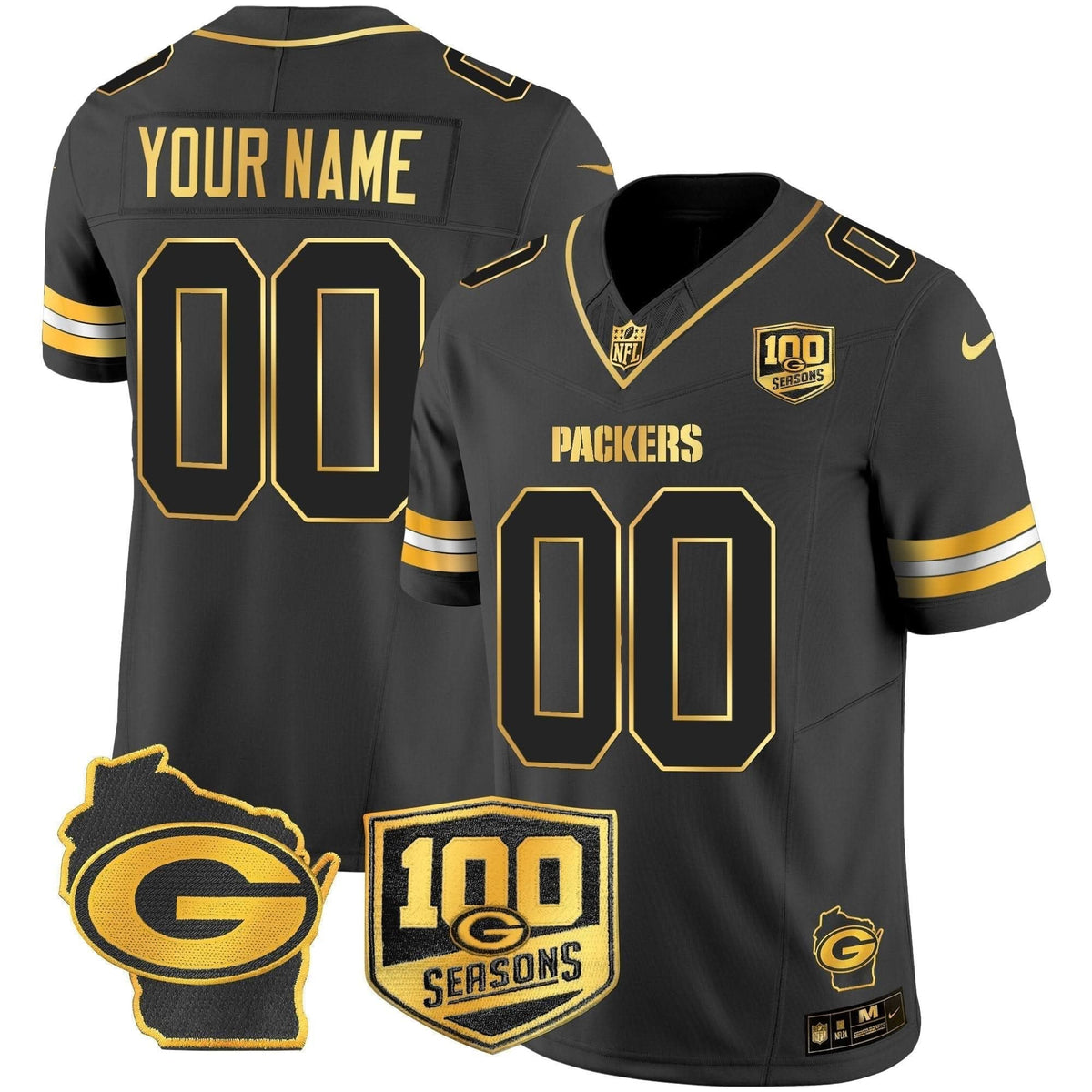 Packers 100th Season & Home Patch Gold Vapor Limited Custom Jersey - All Stitched