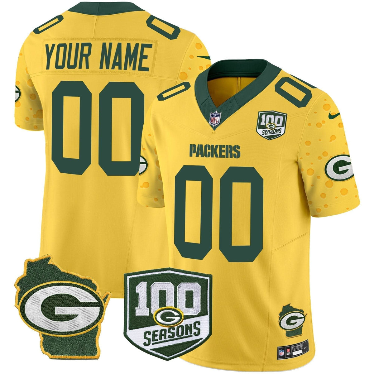 Packers 100th Season & Home Patch Cheese Vapor Limited Custom Jersey - All Stitched