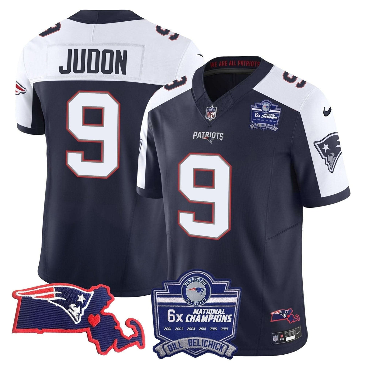 Patriots Bill Belichick 6x Champions Patch Vapor Jersey - All Stitched